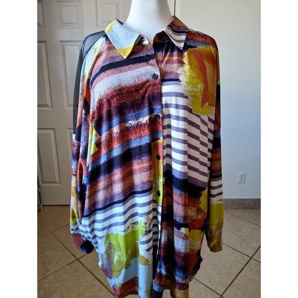 Attitudes by Renee Como Jersey Mesh Shoulder Top Plus Size 3X Printed Tee Shirt - Picture 2 of 16